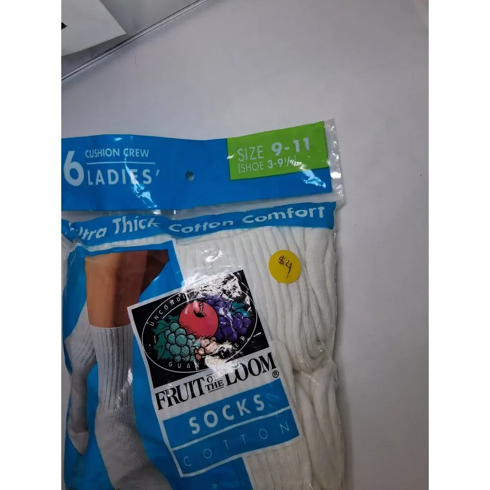 4E Vintage NOS Fruit of the Loom 100% Cotton Crew Sock 9-11 6pk